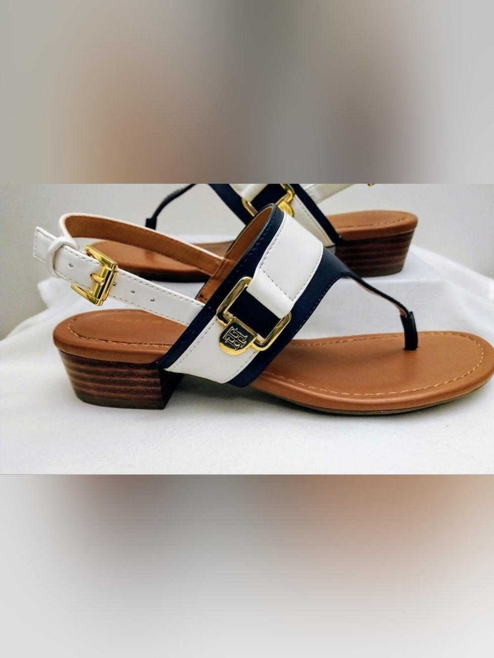 Tommy Hilfiger Womens Navy and White Low-Heel Sexy Thong Sandals